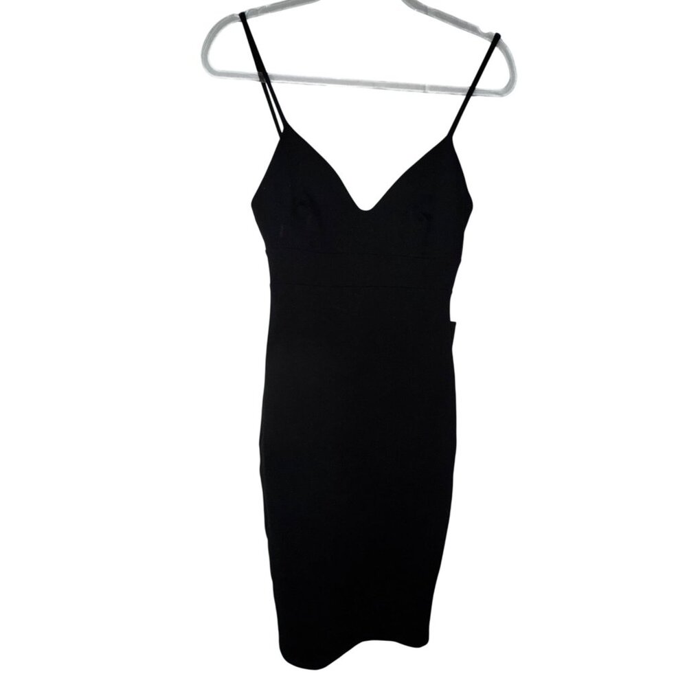 LuLus Black Midi Bodycon Dress Medium Sexy Stretch Classic LBD Basic Eighties